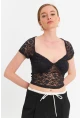 Kadın Siyah Kalp Yaka Tül Crop Bluz TPG05
