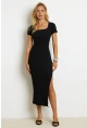 Kadın Siyah Kare Yaka Yırtmaçlı Midi Elbise XL2000