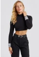 Kadın Siyah Kolları Taşlı Crop Bluz MEN2023