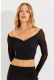 Kadın Siyah Kolları Tül Crop Bluz CG315