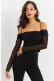 Kadın Siyah Kolları Tül Madonna Yaka Crop Bluz B1927