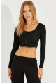 Kadın Siyah Kuşgözlü Crop Bluz CG299