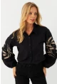 Kadın Siyah Nakışlı Balon Kol Gömlek MQS5603