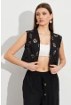 Kadın Siyah Nakışlı Crop Yelek ZH110