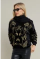 Kadın Siyah Nakışlı Kadife Sweatshirt MQS1229