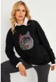 Kadın Siyah Nakışlı Sweatshirt YLE20
