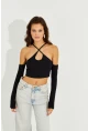 Kadın Siyah Omuzları Açık Sırtı Çapraz Crop Bluz B2684