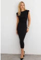 Kadın Siyah Omuzları Vatkalı Drape Maxi Elbise KED4252