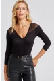 Kadın Siyah Ön Arka V Tül Detaylı Bluz Yİ2502