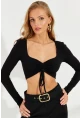 Kadın Siyah Önü Büzgülü Crop Bluz B3015