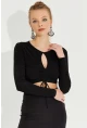 Kadın Siyah Önü Damla Büzgülü Crop Bluz AYD246