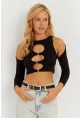 Kadın Siyah Önü Halkalı Crop Bluz MEN2038