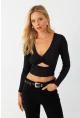 Kadın Siyah Önü Pencereli Crop Bluz AYD393