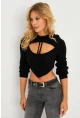 Kadın Siyah Pencereli Kapüşonlu Crop Bluz TF08