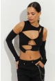 Kadın Siyah Pencereli Kaşkorse Crop Bluz B2403