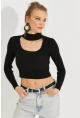 Kadın Siyah Pencereli Triko Crop Bluz EA230012