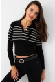 Kadın Siyah Polo Yaka Çizgili Triko Bluz MK65