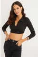Kadın Siyah Polo Yaka Kaşkorse Crop Bluz Yİ2347