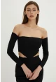Kadın Siyah Sırt Fermuarlı Crop Bluz B518