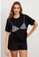 Kadın Siyah Straslı Oversize T-Shirt TPG13