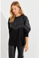 Kadın Siyah Suni Deri Bloklu Sweatshirt PKA806