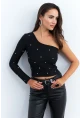 Kadın Siyah Taşlı Tek Kol Crop Bluz HOL2