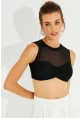 Kadın Siyah Tül Detaylı Crop Bluz YEL221241