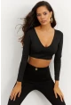 Kadın Siyah V Yaka Crop Bluz CG265