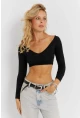 Kadın Siyah V Yaka Crop Bluz CG368