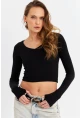 Kadın Siyah V Yaka Crop Bluz DMR389