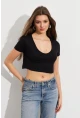 Kadın Siyah V Yaka Crop Bluz TOP101