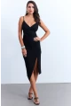 Kadın Siyah Yanı Yırtmaçlı Pedli Midi Elbise CY3022