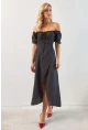 Kadın Siyah Yırtmaçlı Desenli Midi Elbise KED0243