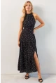 Kadın Siyah Yırtmaçlı Puantiyeli Midi Elbise KED4233