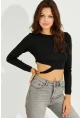 Kadın Siyah Zincir Detaylı Triko Crop Bluz KZ2802
