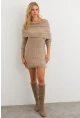 Kadın Sütlü Kahve Madonna Yaka Triko Tunik Elbise KAZ36