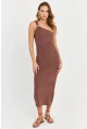 Kadın Sütlü Kahve Omuz Aksesuarlı Kolsuz Midi Elbise MOD2400