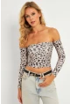 Kadın Taş Leopar Desenli Crop Bluz CG378