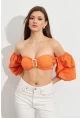 Kadın Turuncu Balon Kol Crop Bluz ROP111