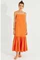Kadın Turuncu Eteği Volanlı Askılı Midi Elbise MEN2001