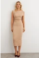 Kadın Vanilya Omuzları Vatkalı Drape Maxi Elbise KED4252