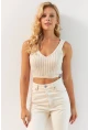 Kadın Vanilya Ön Arka V Triko Crop Bluz MP20136