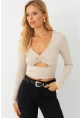 Kadın Vanilya Önü Pencereli Crop Bluz AYD393