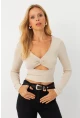 Kadın Vanilya Önü Pencereli Crop Bluz AYD393
