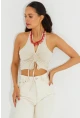 Kadın Vanilya Sırtı Açık Crop Bluz B2697