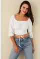 Kadın Beyaz Bağlama Detaylı Crop Bluz CG387