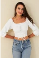 Kadın Beyaz Bağlama Detaylı Crop Bluz CG387