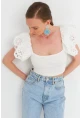 Kadın Beyaz Brode Crop Bluz TPG08