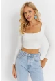 Kadın Beyaz Kare Yaka Crop Bluz CG362