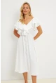 Kadın Beyaz Ön Arka V Volanlı Elbise KS113